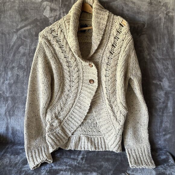 Calvin Klein Wool Blend Chunky Cable Knit Two Button Front Cardigan XL Beige - Picture 6 of 13